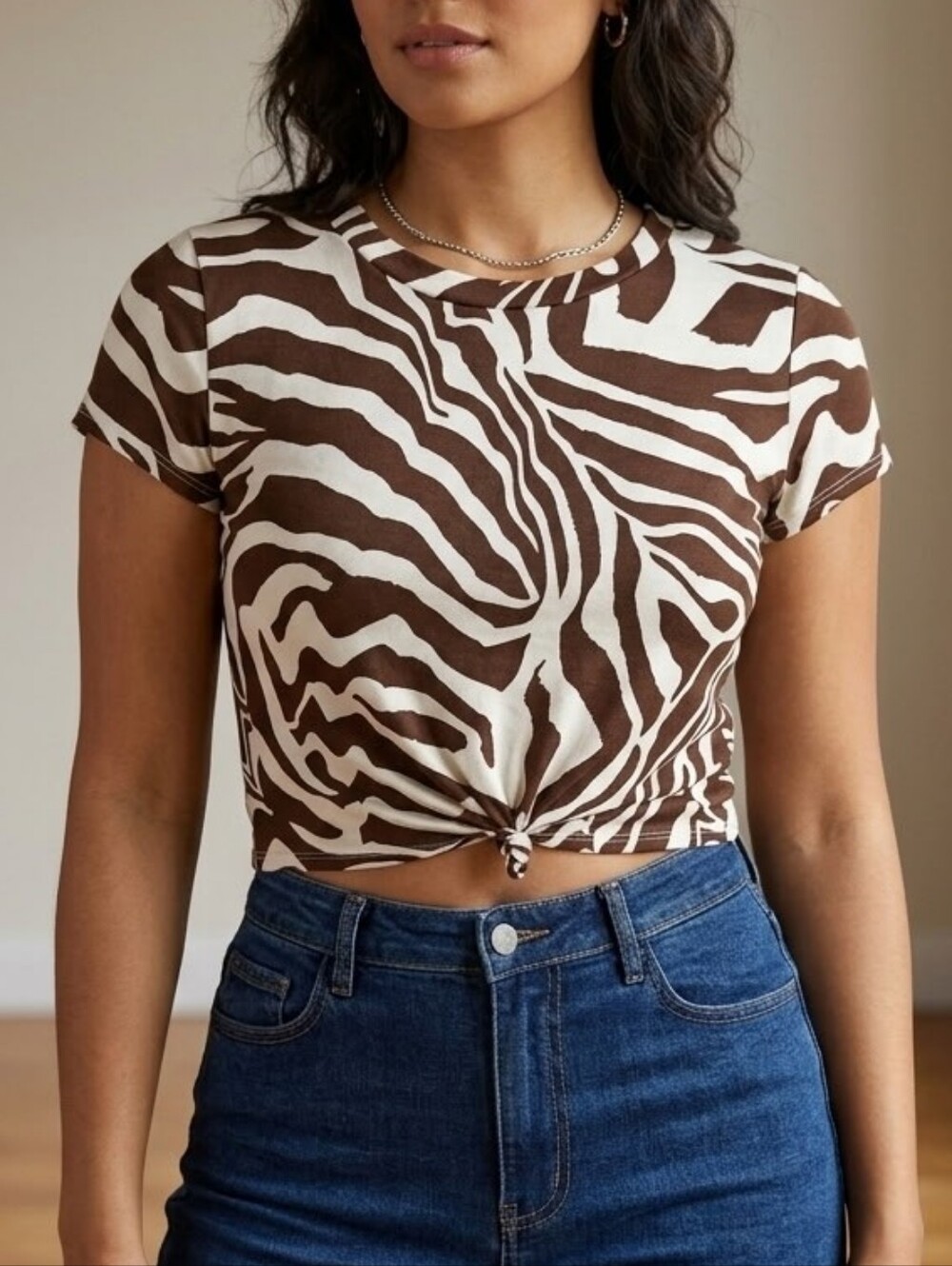 Brown & White Zebra Print Knot-Front Crop Tee - Women